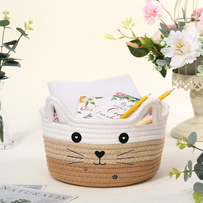 Panier de rangement pour chat tissé avec des oreilles et un jouet décoratif pour animal de compagnie