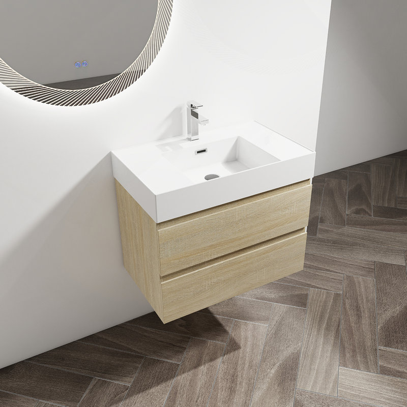 Meuble-lavabo mural 30 po avec lavabo en résine, 2 tiroirs à fermeture en douceur, ensemble KD, 30", Chêne clair