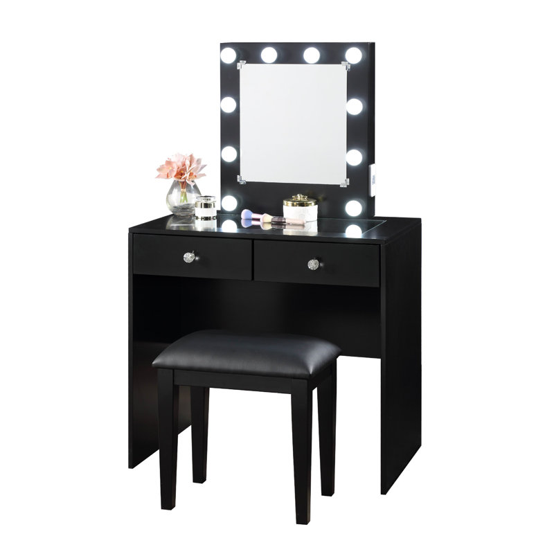 Hudi Makeup Vanity And Stool Set, 10 Lights, USB Power Outlet,, Black