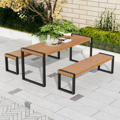 3-Piece Outdoor Dining Table Set with Patio Table, 2 Benches, Acacia Wood Top and Steel Frame