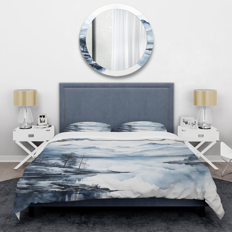 Ensemble de housse de couette Abstract Grey Blue Minimalisme Forest Reflections I - Microfibre de polyester