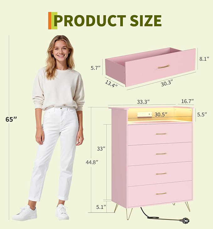 Commode 4 tiroirs avec lumières RVB et station de charge, commode à DEL contrôlée pour l'application pour la chambre à coucher