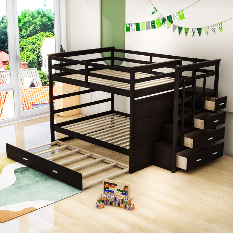Lit superposé double au-dessus de double avec lit gigogne et tiroirs Jarrian Kids, Espresso