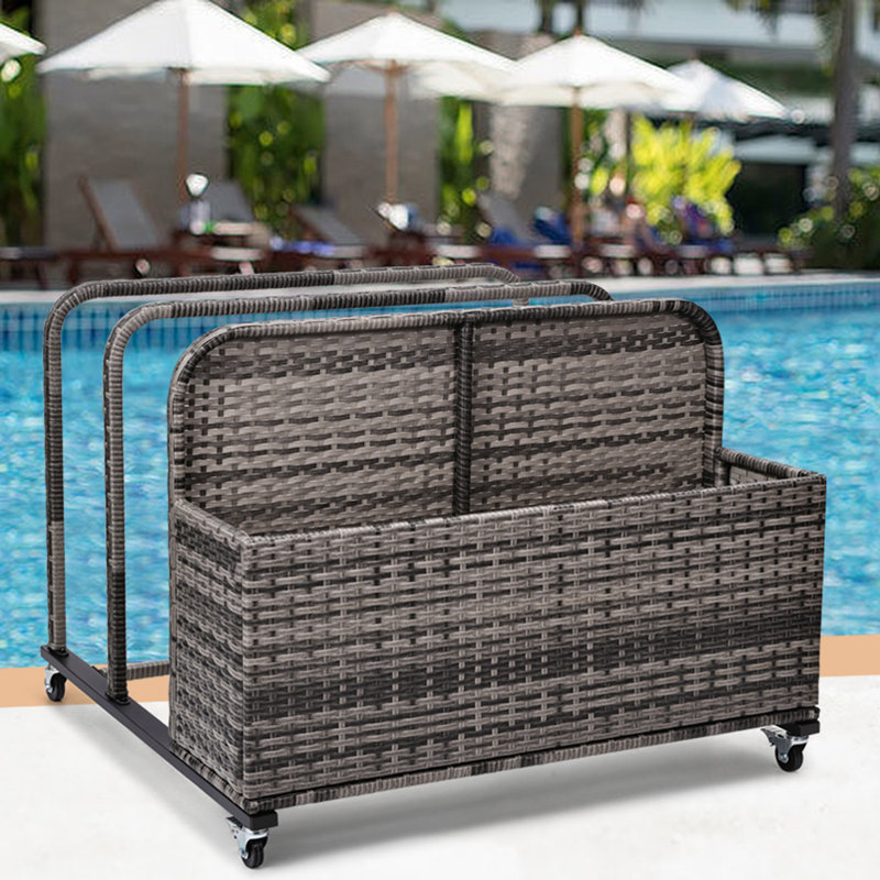 Poolside Float Storage Organizer, Pool Toy Storage Holder With Wicker Basket Outdoor Pool Float Holder Storage Rack Rolling Pool Caddy Cart Raft Holder Storage Rack For Pool Noodles Equipment Grey