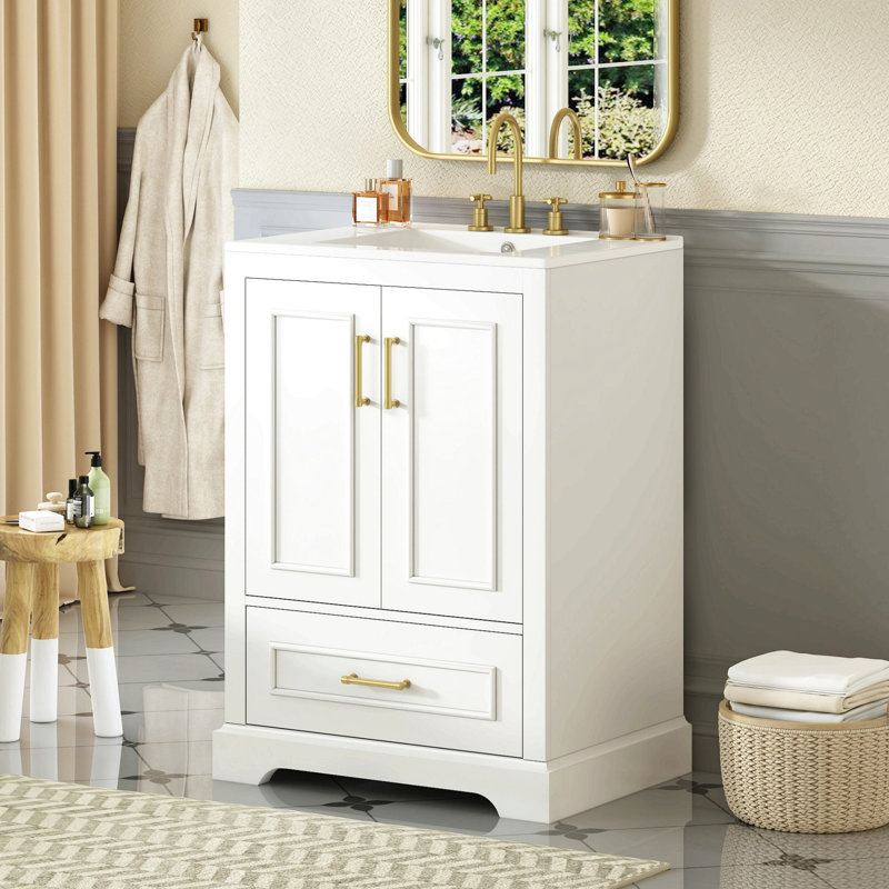Meuble-lavabo 24 po avec lavabo, armoire en MDF avec structure en bois massif, 1 tiroir divisé et 2 portes à fermeture douce avec double tablette sur la porte, meuble-lavabo autoportant