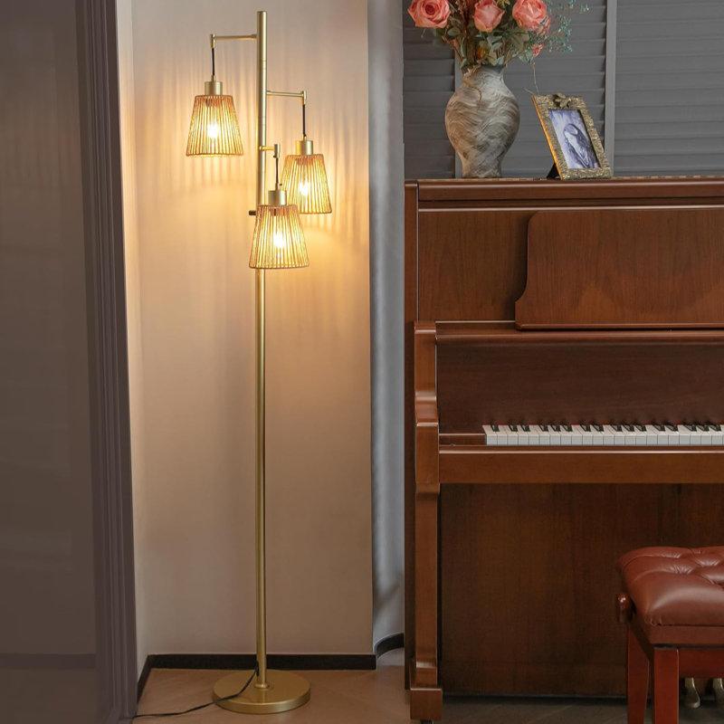 Modern Adjustable 3-Light Floor Lamp With Handwoven Rattan Shade, Tall Standing Lamp For Living Room And Bedroom, Easy Tool-Free Assembly, Durable Design
