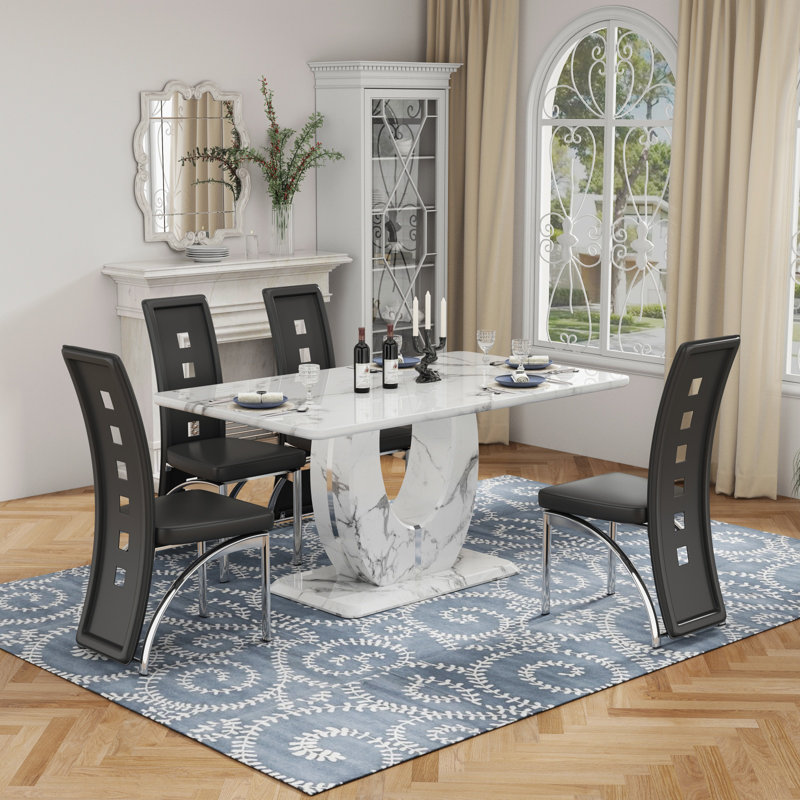 Ensemble de table de salle à manger avec chaises rembourrées en similicuir, 5 pièces: table, 4 chaises, Noir / argenté