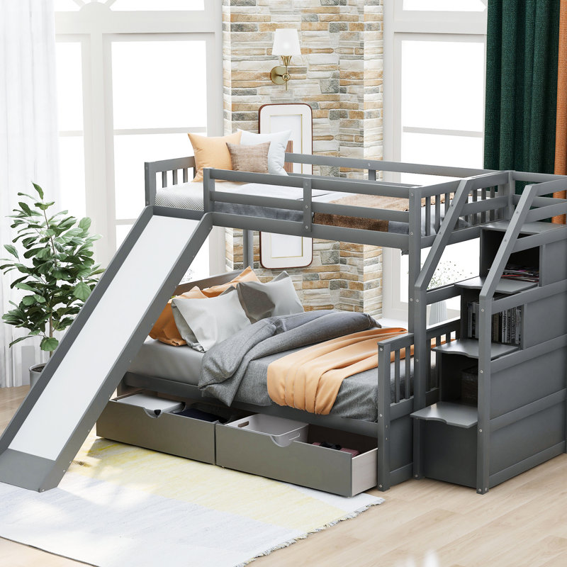 Lit superposé simple au-dessus d'un lit double multifonctionnel gris - avec espaces de rangement, glissade sécuritaire et rangement de tiroir avec mains courantes. Stable. Tiroirs peu encombrants, tiroirs, dix espaces tampons