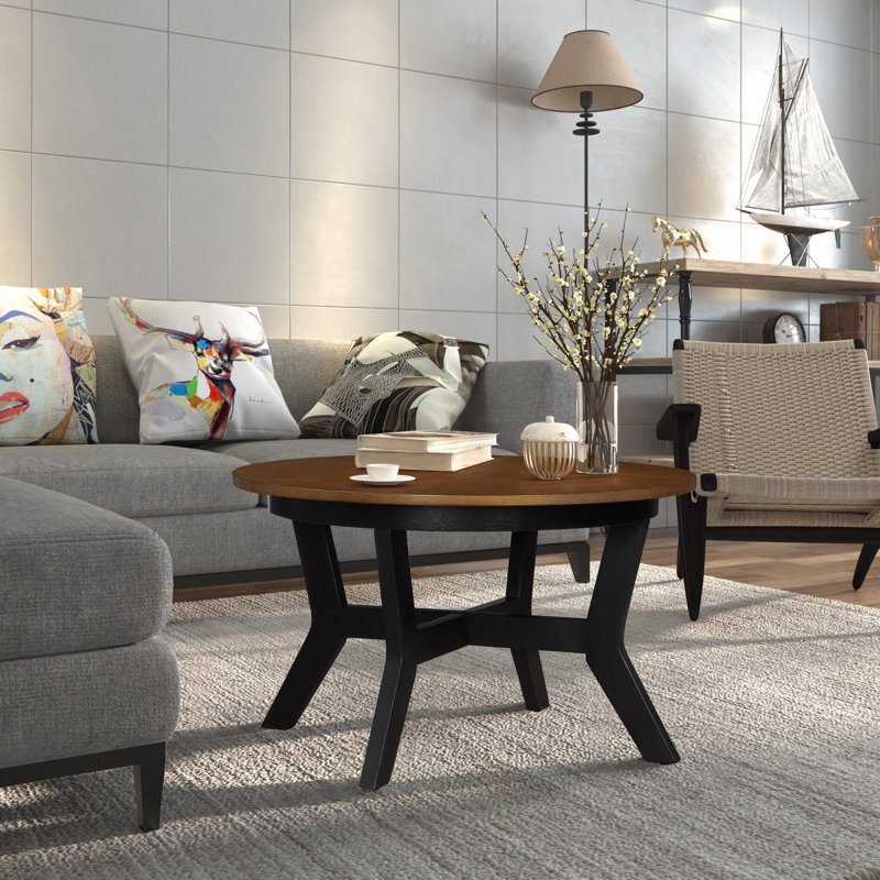 Table, table basse ronde en bois de 32 pouces pour le salon, tables basses en bois de style campagnard Mid-Century pour appartement, assemblage facile, plateau noir et noyer
