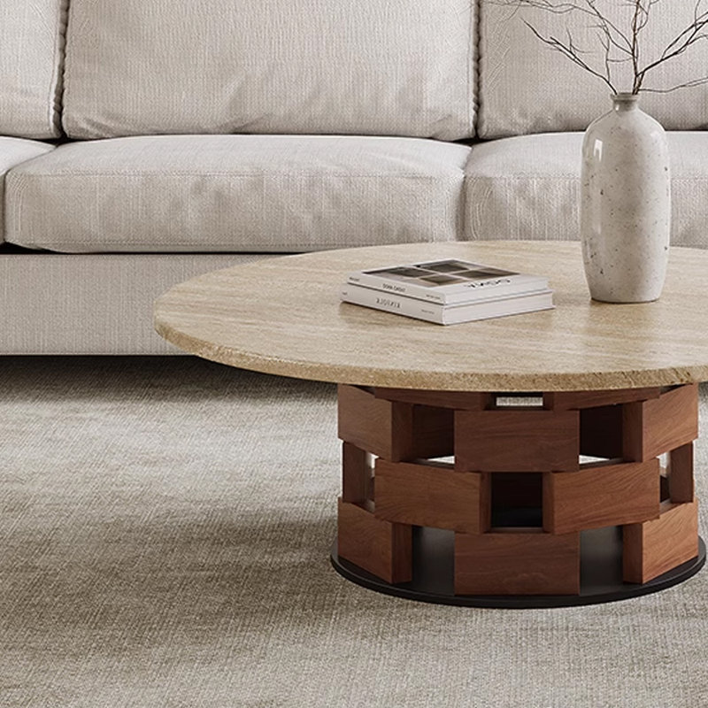 Table basse en travertin de style Wabi-sabi, Brun noisette, H 13,77 po x L 27,55 po x l 27,55 po