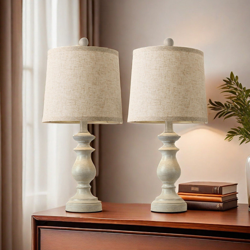 White 22" Rustic Farmhouse Table Lamp Set with Linen Shades