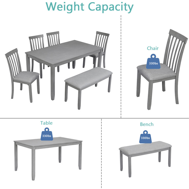 6 chaises de salle à manger rectangulaires en bois avec chaises rembourrées et banc, gris, surface de l'eau, espace design dans la chaise de bar, placage huilé, sièges en lin confortables