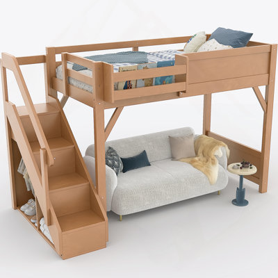 Lit mezzanine simple avec garde-robe et espace de rangement intégrés, lit mezzanine en bois massif avec tablettes à côté, garde-corps pleine longueur et escalier, aucun sommier nécessaire, naturel profond