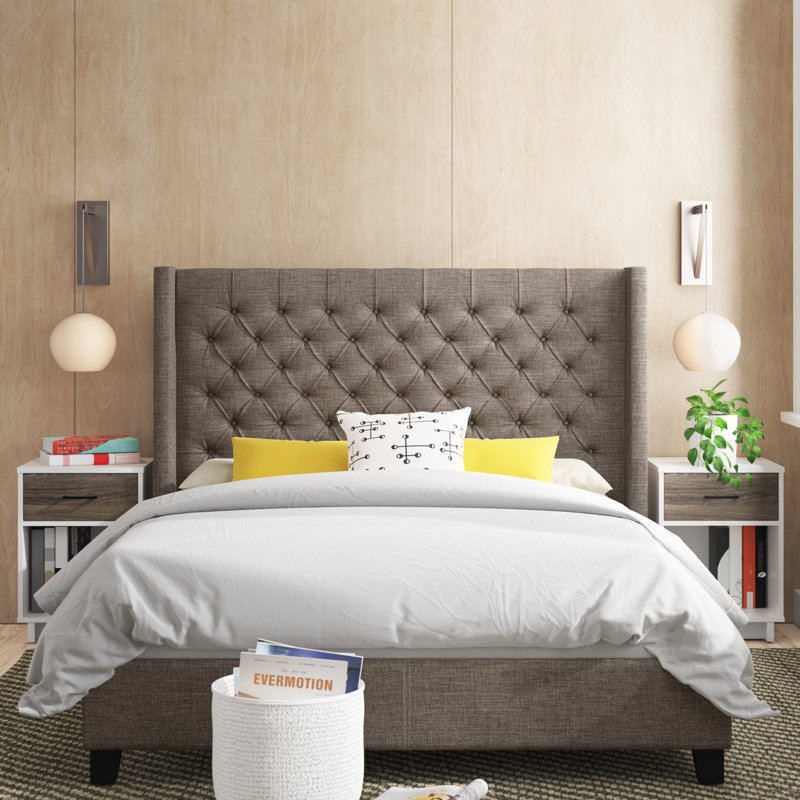 Lit plateforme tapissier Londono, Lin gris étain, Grand