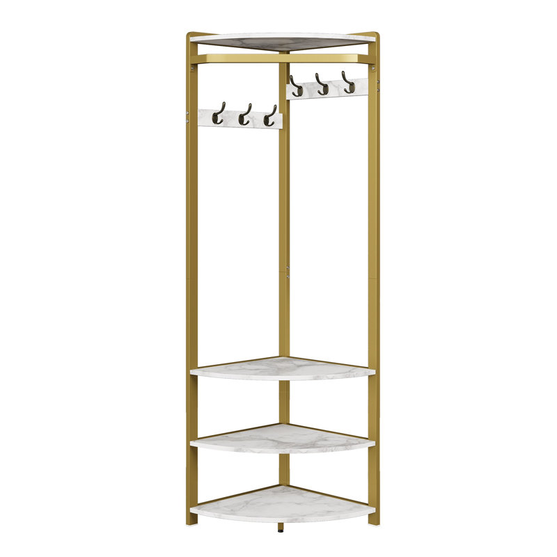 Portemanteau semi-circulaire pour vestibule de coin - 6 crochets doubles, banc à chaussures et 4 tablettes de rangement