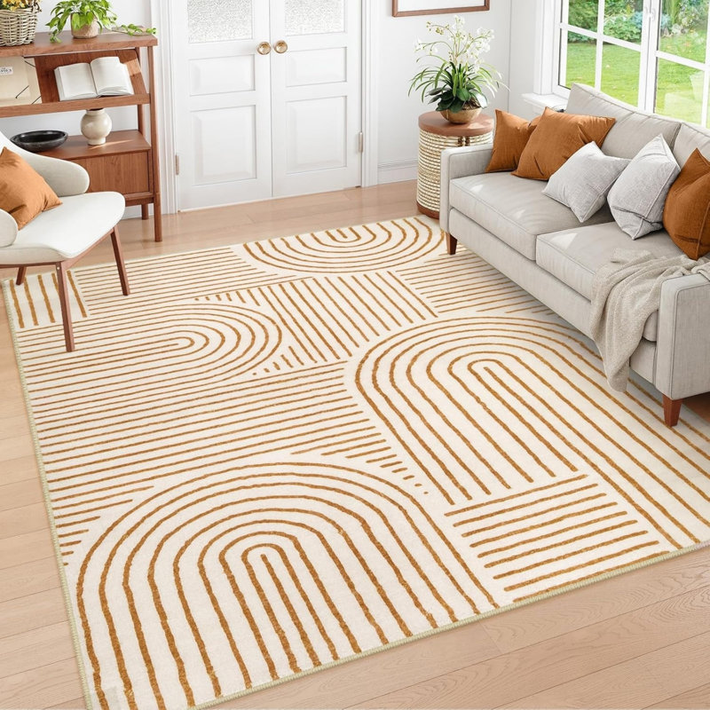 Tapis crème et terre cuite abstraite 5 x 7 pi, dortoir et chambre à coucher