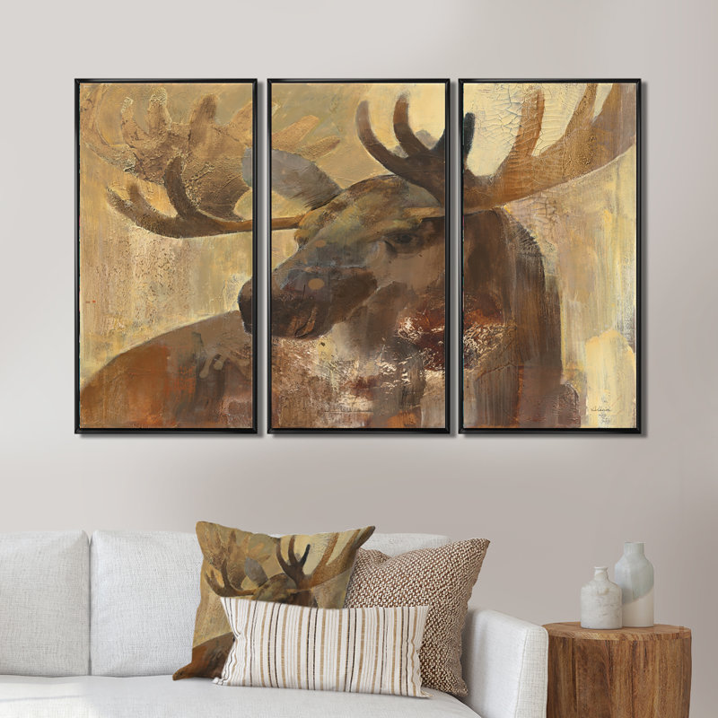 Into The Wild Gold Moose - Ensemble de 3 toiles d'art encadrées, H 32 po x l 48 po, Cadre noir