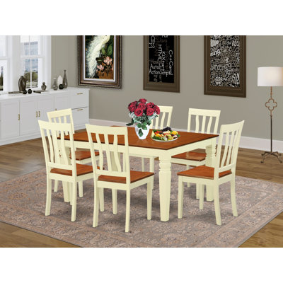 7 Piece Dining Table Set Consist of a Rectangle Dining Room Table with Butterfly Leaf and 6 Wood Seat Chairs, Buttermilk & Cherry
