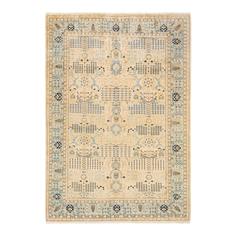 Tapis unique noué à la main ivoire 6 pi 2 po x 8 pi 9 po Pythahoras