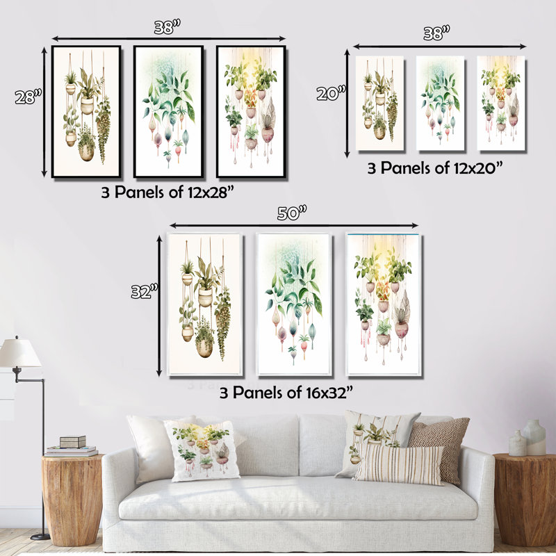 «Hanging Decorative Botanical Boho Plants VI», 3 pièces sur toile, H 20 po x l 36 po, Toile tendue