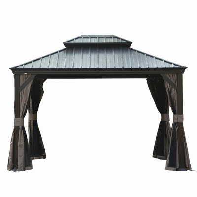 Pavillon de jardin à toit rigide 10 pi x 12 pi, pavillon en métal amélioré avec système de drainage, toit en acier galvanisé à double couche, rideau et filet, auvent d'abri extérieur pour patio, jardin et cour arrière