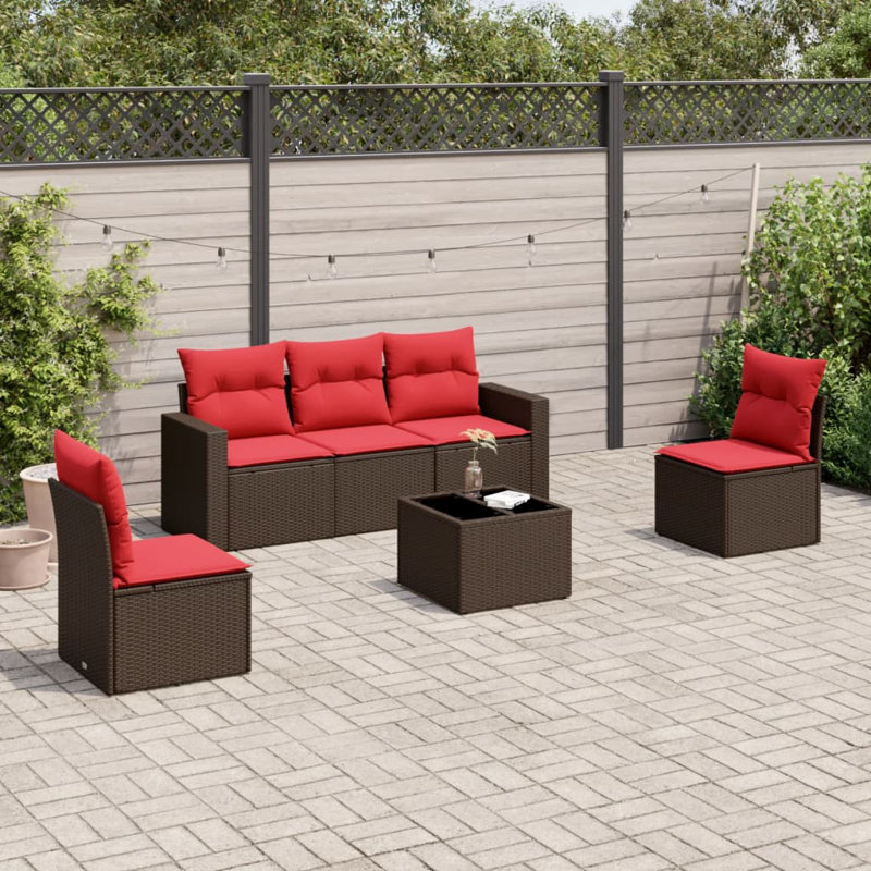  Ensemble de canapé de patio 6 pièces avec coussins en rotin de polyester gris, Rouge, Brun