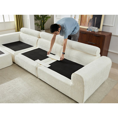129.8" White Fluffy Lamb Wool Sectional Sofa