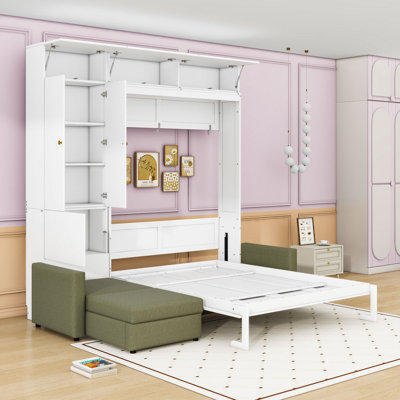 Grand lit escamotable en bois avec tablettes et canapé rembourré