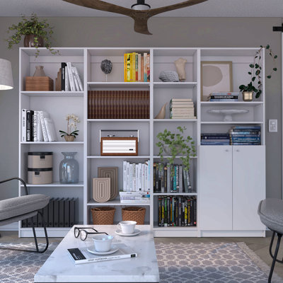 4 Piece Home Bookcase Set, 91" Wide With 17 Shelves And A Double-Door Cabinet ,  Living Room Set