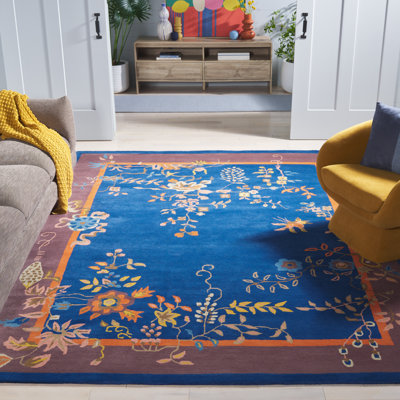 Tapis bleu marine / brun en laine / coton touffeté à la main Seydou