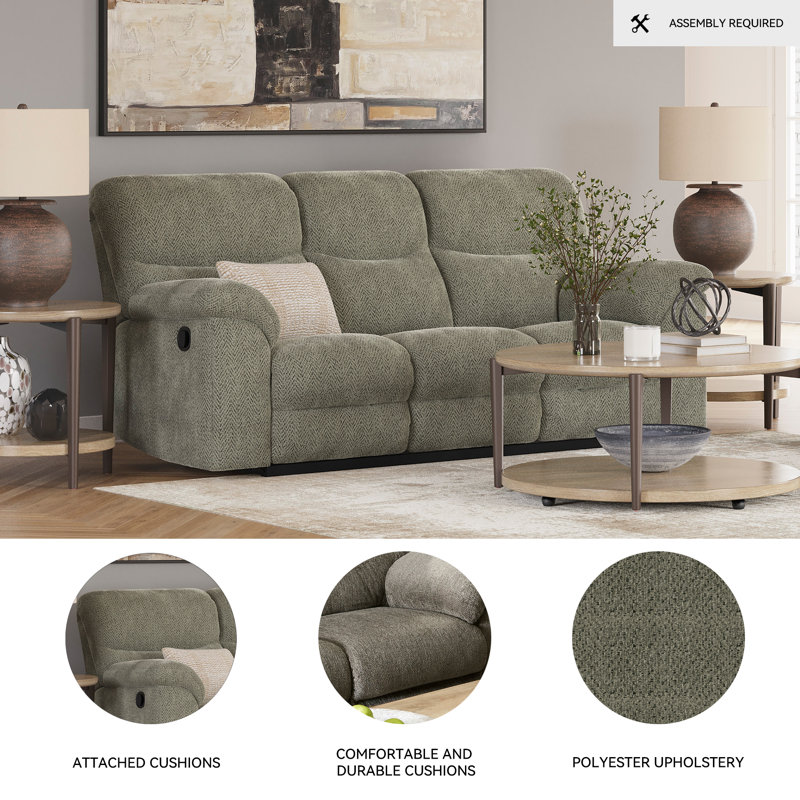 Alphons Upholstered 93'' Reclining Sofa, Gray 100% Polyester