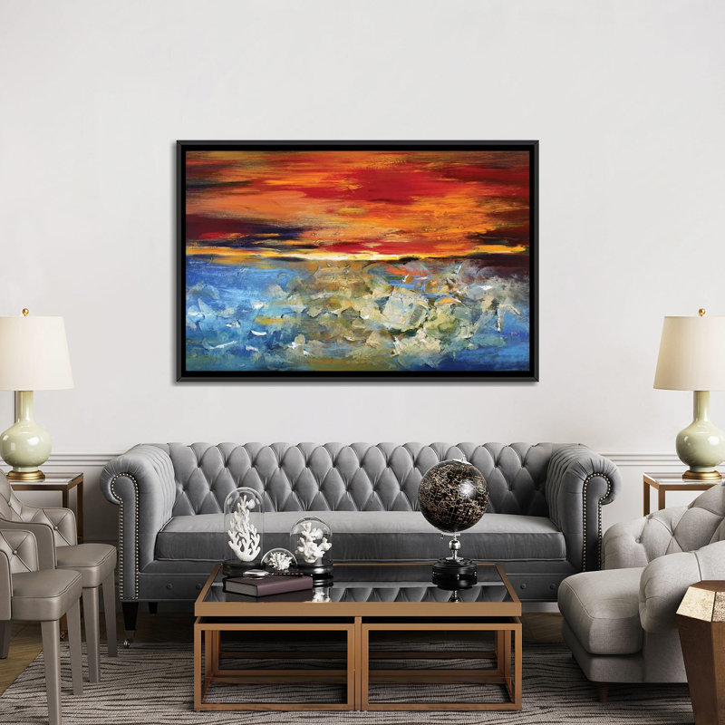 « coucher de soleil », impression sur toile, H 18 po x l 26 po x P 1,5 po, Toile avec cadre noir, Pas de tapis
