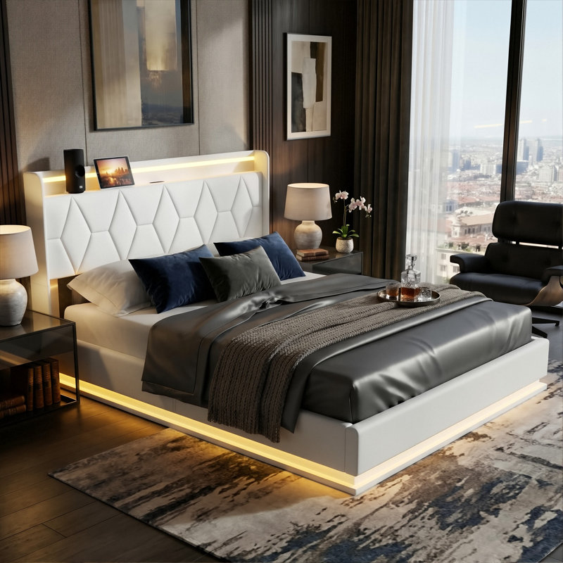 European Double & King Size Velvet Ottoman Bed With Surround LED Lights, Storage Frame With Charging Port, White