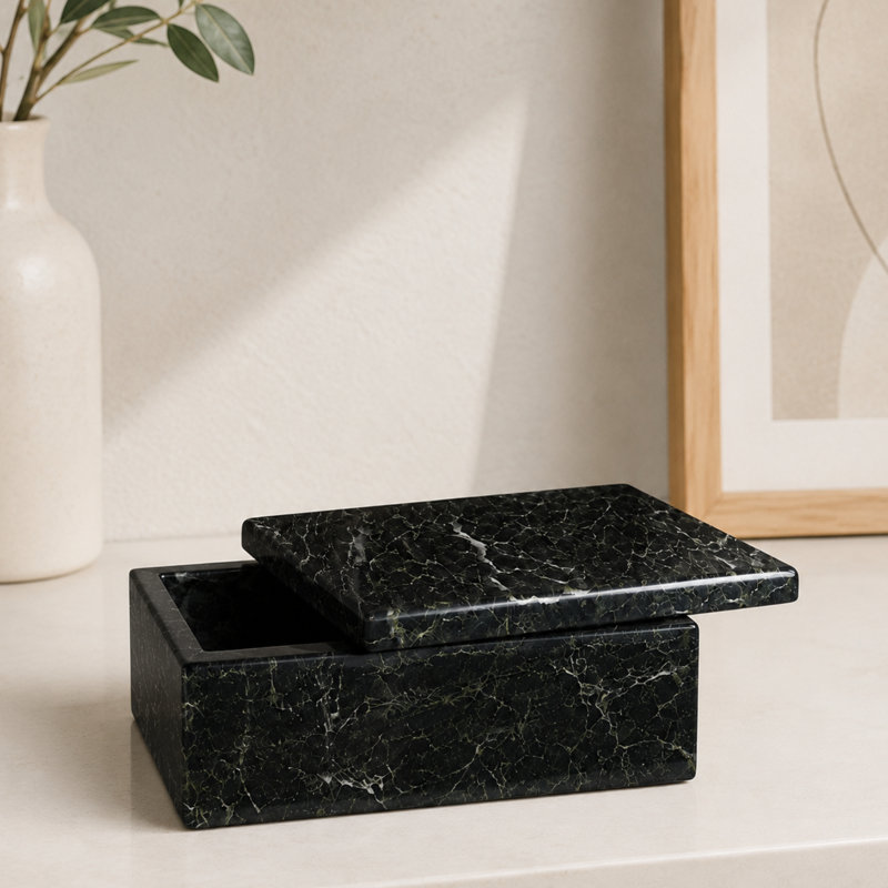 Boîte de rangement en marbre noir zébré, contenant rectangulaire avec couvercle 2 x 5, bibelot de meuble-lavabo en pierre veiné