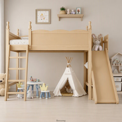 Lit mezzanine simple avec tablettes de rangement et garde-robe, glissade et échelle détachables, lit mezzanine naturel pour enfants