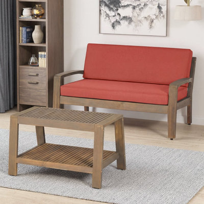 2-Piece Outdoor Gray Acacia Wood Conversation Set | Loveseat & Coffee Table with Beige Water-Resistant Cushions | 350 lbs Capacity Patio Furniture for Deck, Backyard & Garden