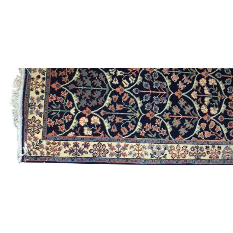 Tapis de couloir oriental en laine bleu marine / ivoire / rouge vin noué à la main 2 pi 7 po x 12 pi 3 po Oriental