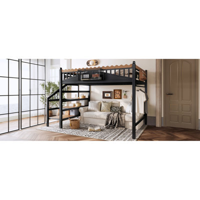 Grand lit mezzanine avec escalier de rangement, structure de lit mezzanine en métal avec tablettes de rangement et bibliothèque, lit mezzanine pour chambre à coucher, chambre d'amis, dortoir, noir