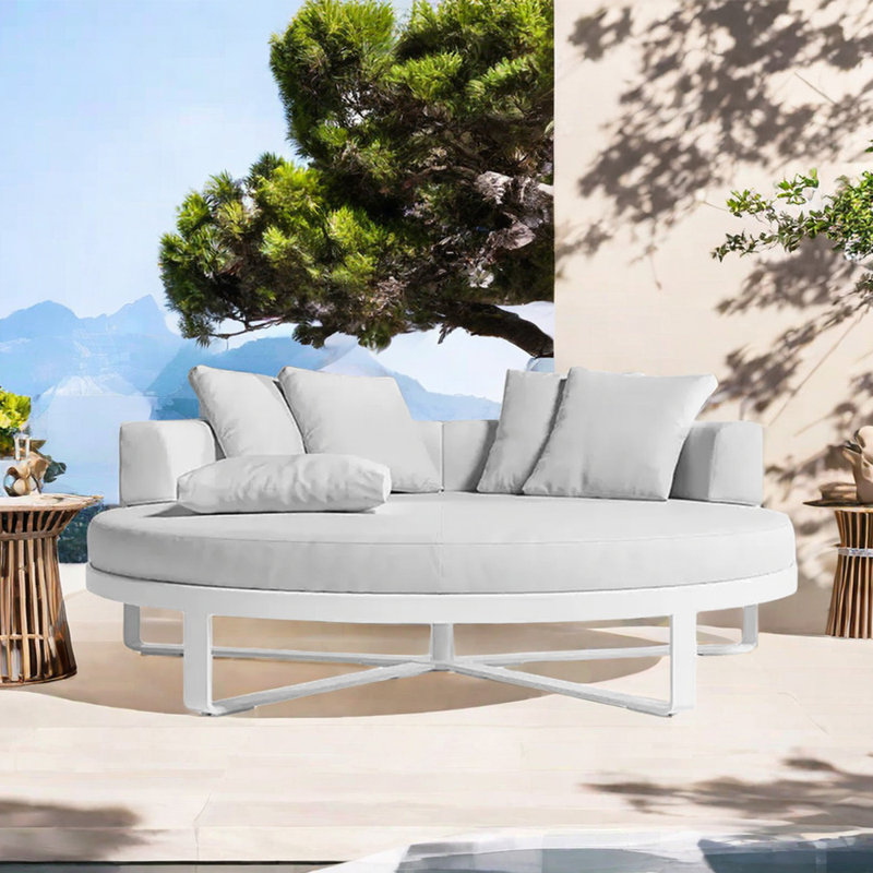 Outdoor Waterproof Sunscreen Sofa 68.9'' Wide Circle Aluminum Patio Daybed with Cushions, White/Light Gray