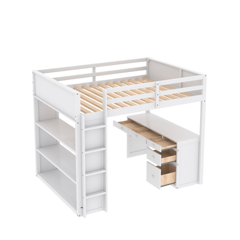 Lit mezzanine 5 tiroirs avec bureau intégré Ahran par Isabelle & Max, Lit superposé double sur double, Blanc