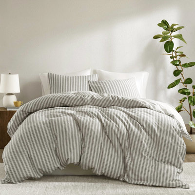 Housse de couette 3 pièces pour très grand lit - Tissu naturel en lin, coton et rayonne, peau douce, utilisation toutes saisons avec mélange de rayonne en lin à motif rayé, attrait sophistiqué, attaches de coin confortables