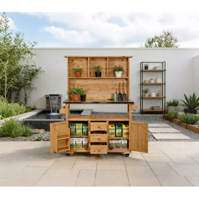 Banc de rempotage mobile en bois naturel avec plateau en acier inoxydable pour le jardin