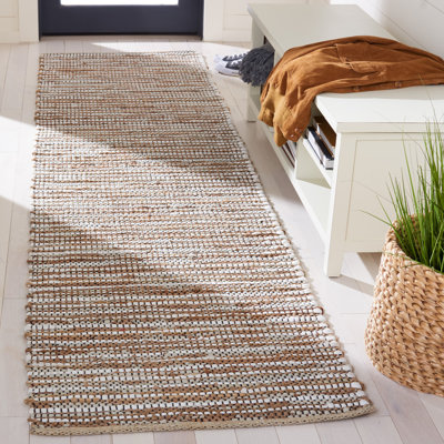 Gerek Vintage Leather Hand Woven Leather/Jute Striped Rug in Beige