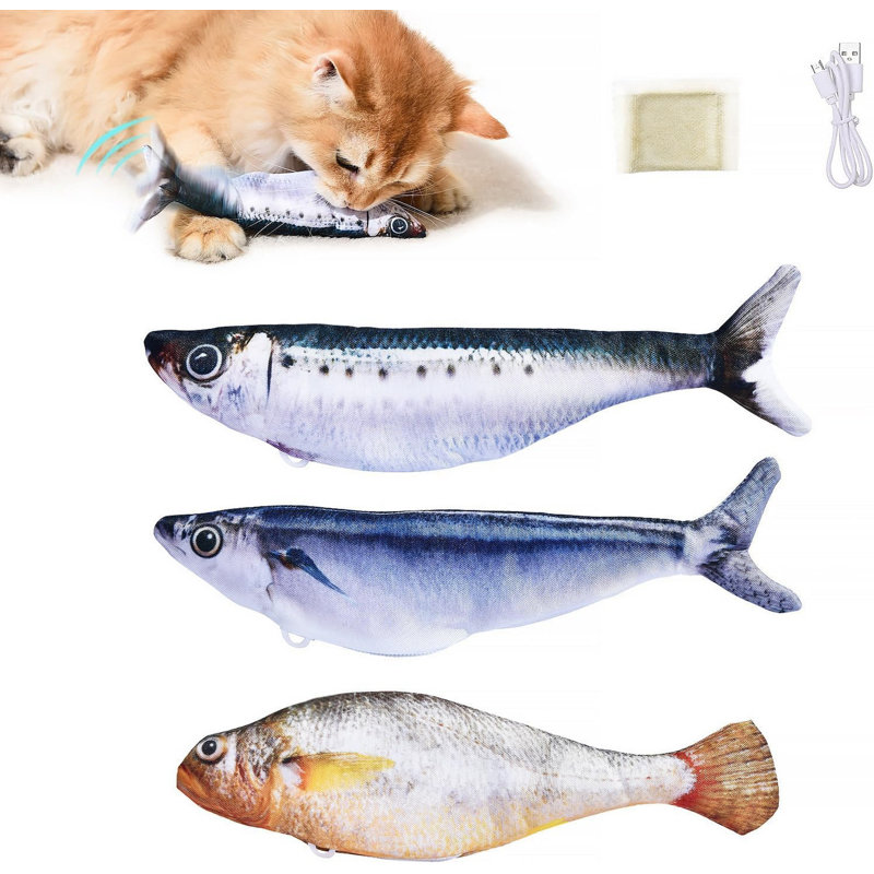 Bite-Sized Realistic Flopping Fish Cat Toy 3 Pack, Interactive Electric Play Toy with Catnip, 7.1 Inch, 3 Auto Flip Modes, Sardine, Saury & Yellow Croaker for All Cat Breeds, Rechargeable