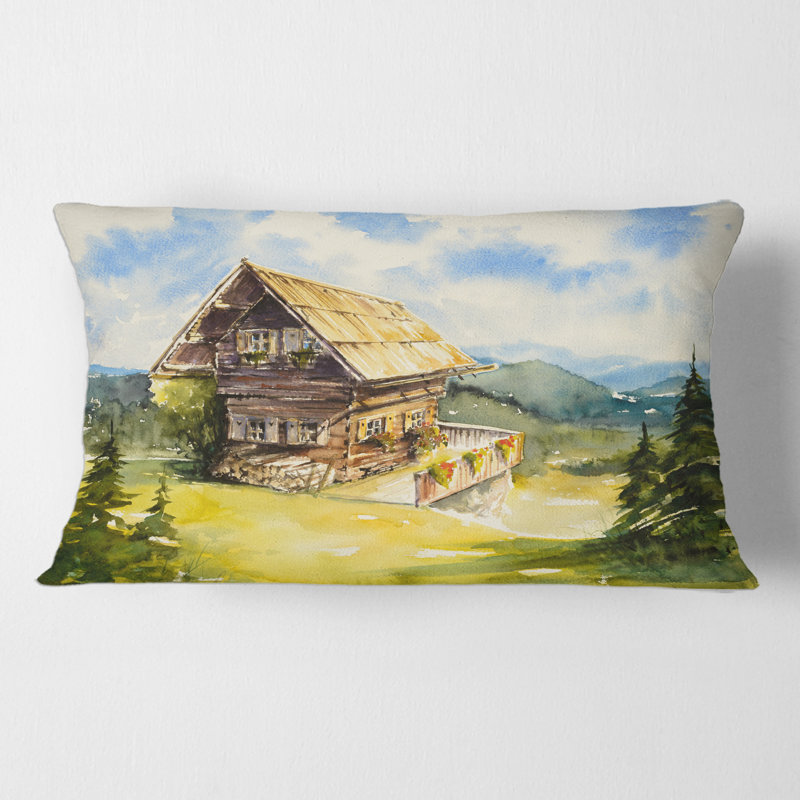 Rectangle, paysage paisible avec un vieux chalet en été - Coussin décoratif traditionnel