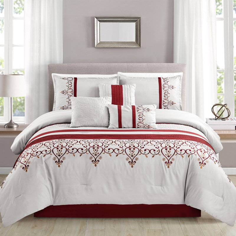 Ensemble d'édredon en microfibre bourgogne / gris Aja 7 pièces, Édredon très grand et 2 taies d'oreiller