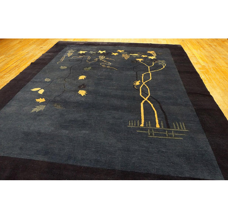 1920s Blue Modernist Antique Chinese Peking Rug 9'0''x11'6'' Knotted Wool Carpet