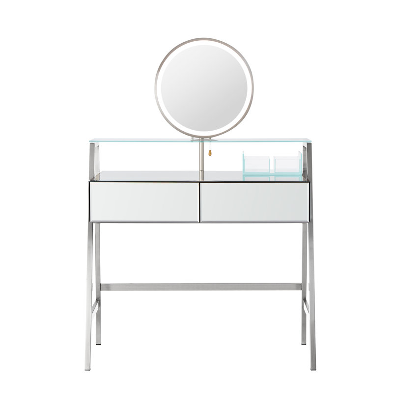 Table de coiffeuse à miroir argenté avec lumières DEL et miroir, 2 tiroirs spacieux, tablette ouverte, point de charge de la chambre à coucher, lumières de bureau de maquillage 33,9 po, station pour grands tiroirs