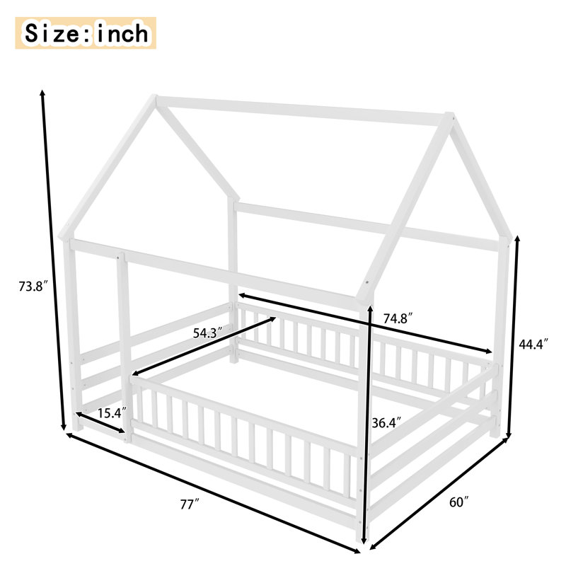 Full Size Floor Wooden Bed With House Roof Frame,Fence Guardrails,White, White, Full