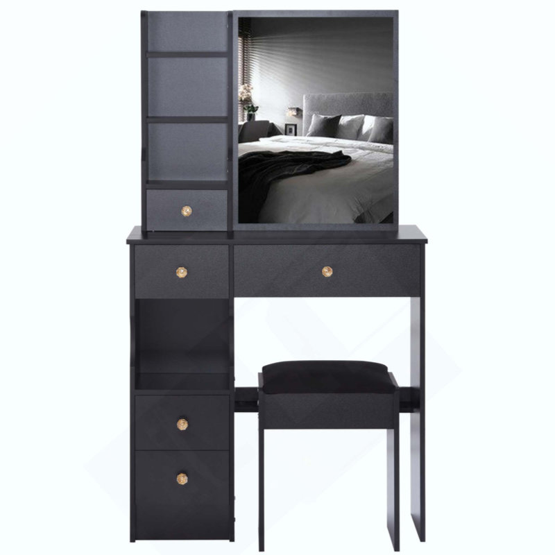 Petit meuble-lavabo de bureau avec tiroir à gauche avec petit espace + tabouret rembourré, très grand miroir coulissant à droite, rangement multicouche à grande capacité, commode pratique et pratique, convient aux petits espaces